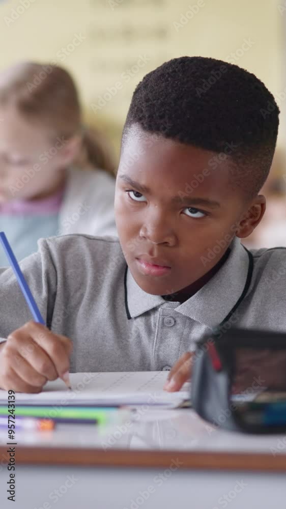 Boy, writing and counting in classroom for education, thinking and problem solving for maths test at academy. Child, exam or assessment with solution, learning and development with progress at school Boy, writing and counting in classroom for education, thinking and problem solving for maths test at academy. Child, exam or assessment with solution, learning and development with progress at school
