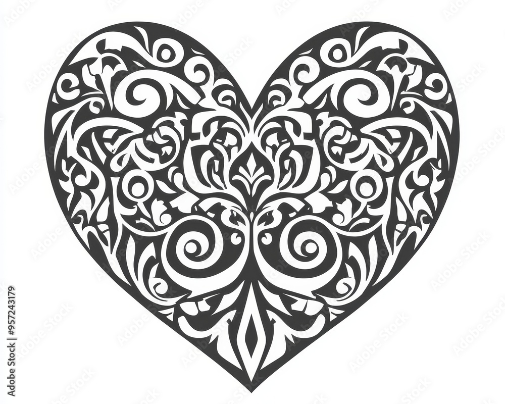 Intricate Black and White Heart A symmetrical heart shape composed of ornate swirling patterns creating a complex almost hypnotic design Tribal Intricate Black and White Heart A symmetrical heart shape composed of ornate swirling patterns creating a complex almost hypnotic design Tribal