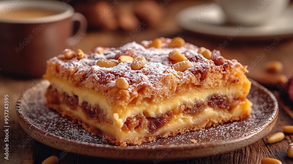 Torta della Nonna with a delicate custard filling, topped with pine nuts and powdered sugar, elegantly presented on a dessert plate, with a blurred espresso cup in the background, Torta della Nonna with a delicate custard filling, topped with pine nuts and powdered sugar, elegantly presented on a dessert plate, with a blurred espresso cup in the background,