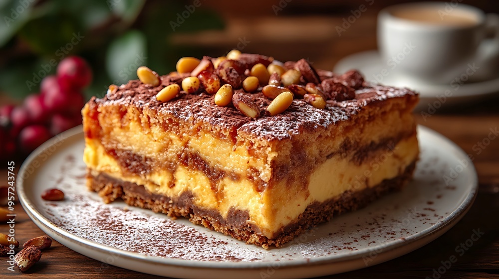 Torta della Nonna with a rich custard filling and pine nuts, served on a white dessert plate, with a blurred espresso cup softly glowing in the background, warm lighting highlighting the rich, Torta della Nonna with a rich custard filling and pine nuts, served on a white dessert plate, with a blurred espresso cup softly glowing in the background, warm lighting highlighting the rich,