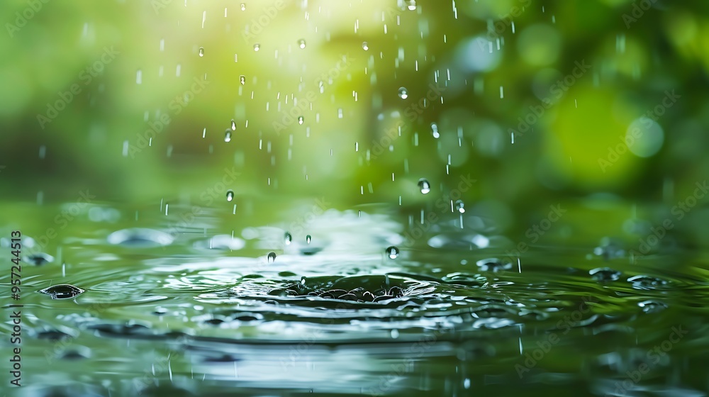 The water drops on a backdrop of vibrant green The water drops on a backdrop of vibrant green