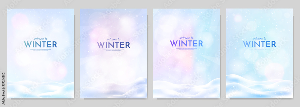 Fototapeta premium Vector illustration. Snowy background. Snowdrifts. Snowfall. Clear blue sky. Blizzard. Cartoon wallpaper. Cold weather. Winter season. Design for poster, cover, magazine, layout, flyer