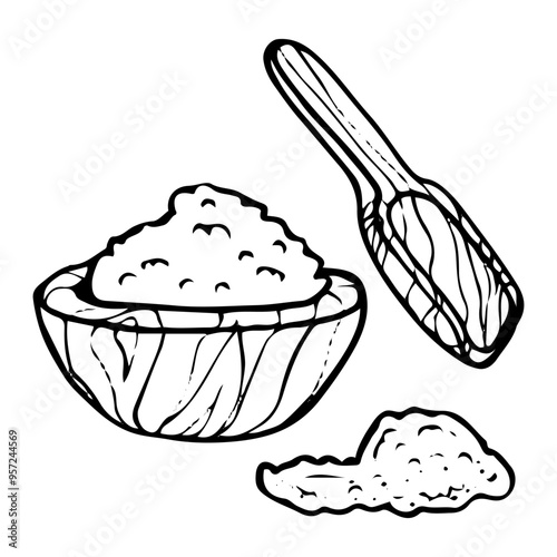 Bowl of flour hand drawn doodle. Ingredient for dough cooking. Wooden utensil, plate, spoon with handle. Wheat flour. Bulk product. Kitchen pantry supplies. Vector sketch line art illustration.