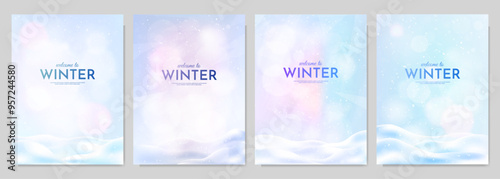 Vector illustration. Snowy background. Snowdrifts. Snowfall. Clear blue sky. Blizzard. Cartoon wallpaper. Cold weather. Winter season. Design for poster, cover, magazine, layout, flyer