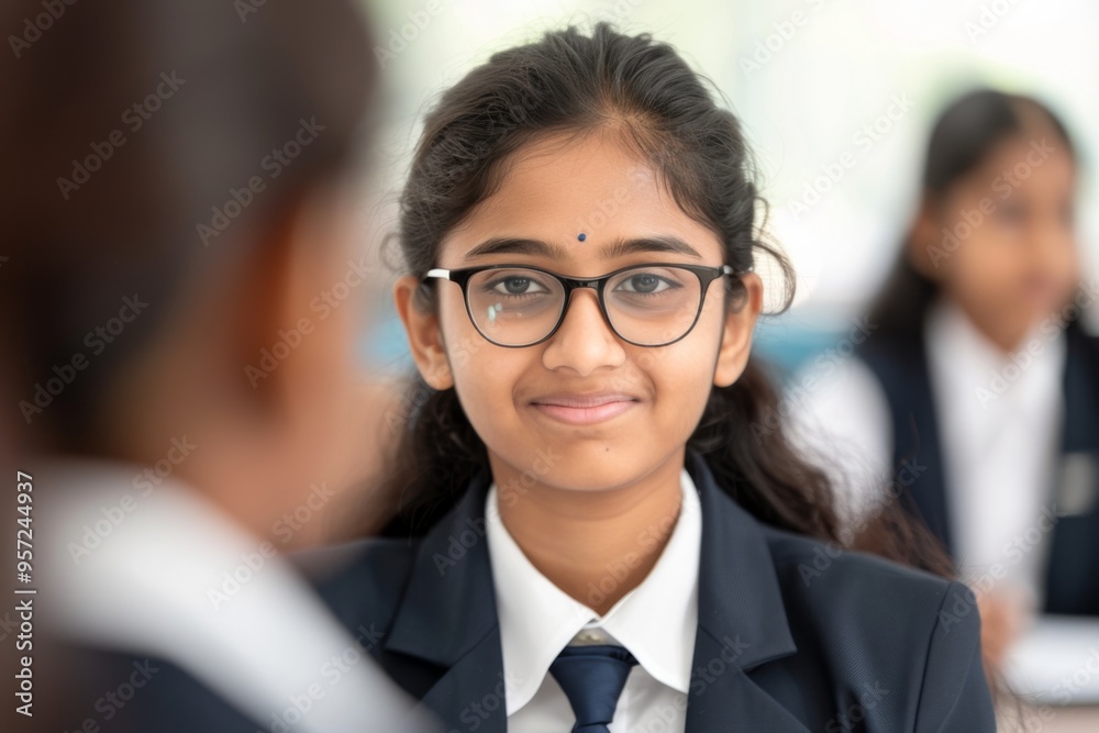 Confident Indian Schoolgirl with Glasses in Classroom Environment Confident Indian Schoolgirl with Glasses in Classroom Environment