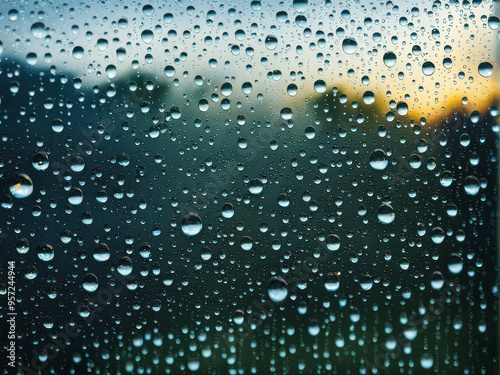 Water and rain drops on glass, abstract view, Raindrops on glass background, drops on glass after rain. generative AI