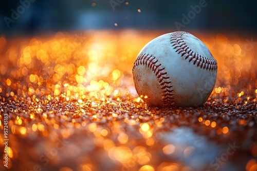 A worn leather baseball rests on the green grass of a baseball field photo