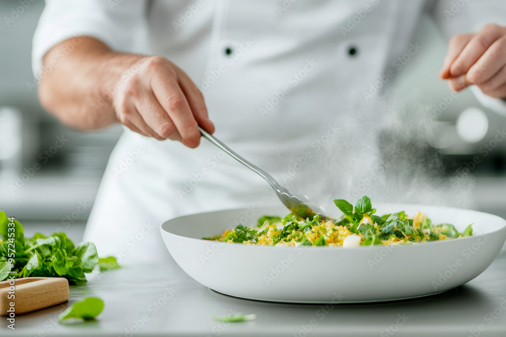 Professional Chef Garnishing Scrambled Eggs with Fresh Herbs in Modern Kitchen Professional Chef Garnishing Scrambled Eggs with Fresh Herbs in Modern Kitchen