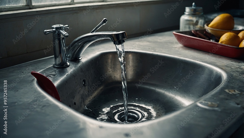 Sink with running water depicted in a photograph. Sink with running water depicted in a photograph.