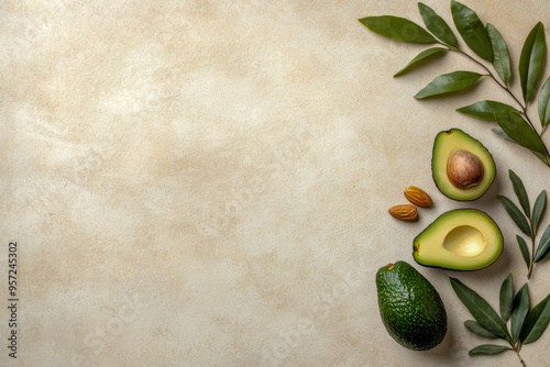 Fresh Avocado Halves and Almonds on Neutral Textured Background with Copy Space photo