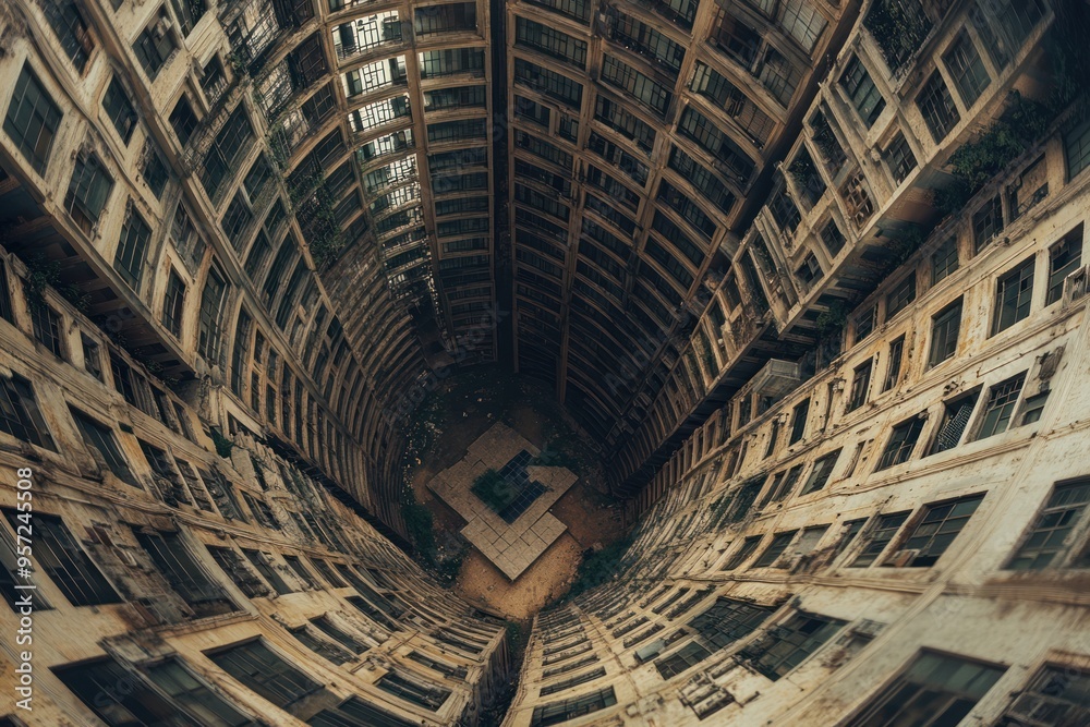 An aerial view shows the interior structure and design inside an abandoned skyscraper in a small town
