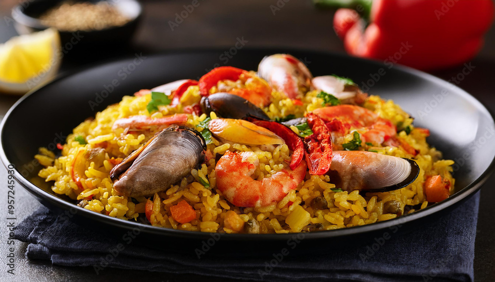 Traditional Spanish paella, saffron rice, fresh seafood, bell peppers. Tasty dish. Delicious food
