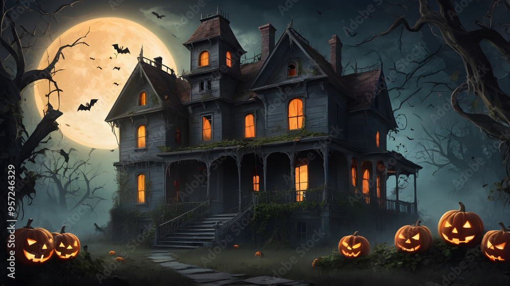 A spooky haunted house under a full moon surrounded by glowing jack-o'-lanterns and flying bats at night A spooky haunted house under a full moon surrounded by glowing jack-o'-lanterns and flying bats at night