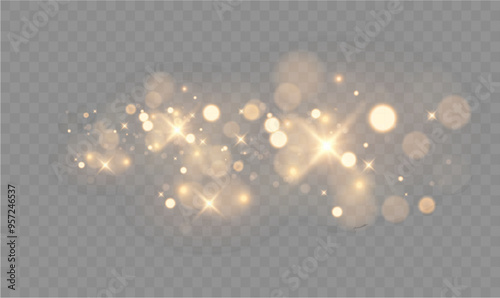 Christmas dust glowing bokeh confetti light and glitter texture overlay for your design. Festive sparkling gold dust png. Holiday powder dust for cards, invitations, banners.