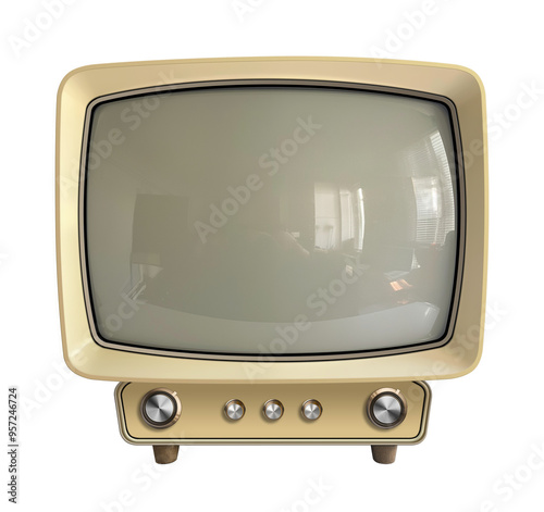 Mid century modern television set with semi-transparent monitor screen isolated on a transparent background.. Over the air VHF and UHF reception. 

