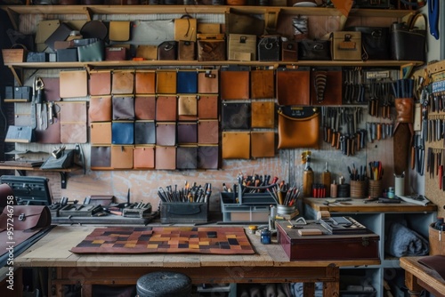 A leather working workshop with various tools and materials photo