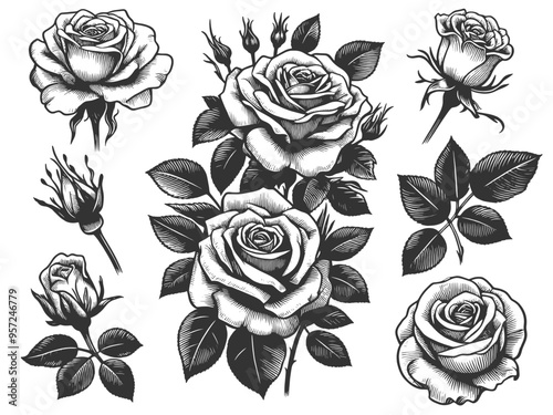 Set of various roses and leaves, tattoo design, elegance and beauty of classic floral designs sketch engraving generative ai vector illustration. Scratch board imitation. Black and white image