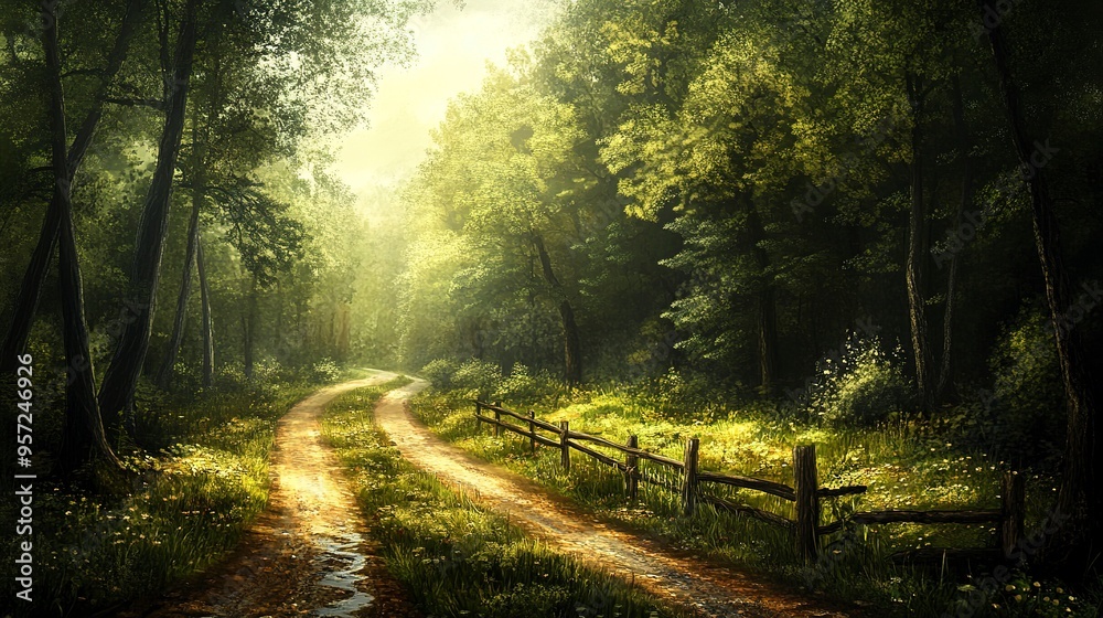 surrealism forest with a road and fence and creek surrealism forest with a road and fence and creek