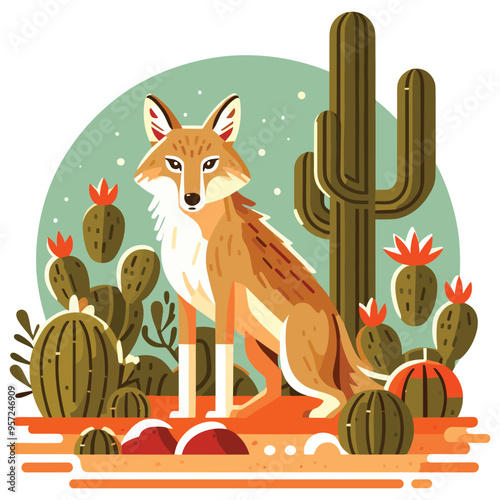 Illustrated coyote calmly sitting, desert cacti background, vector illustration, nature poster