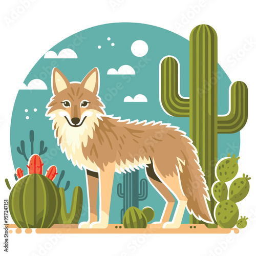 Smiling coyote in desert landscape, vector illustration, educational posters or nature art