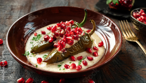 Plate of chiles en nogada, traditional Mexican dish. Stuffed poblano peppers red pomegranate seeds photo