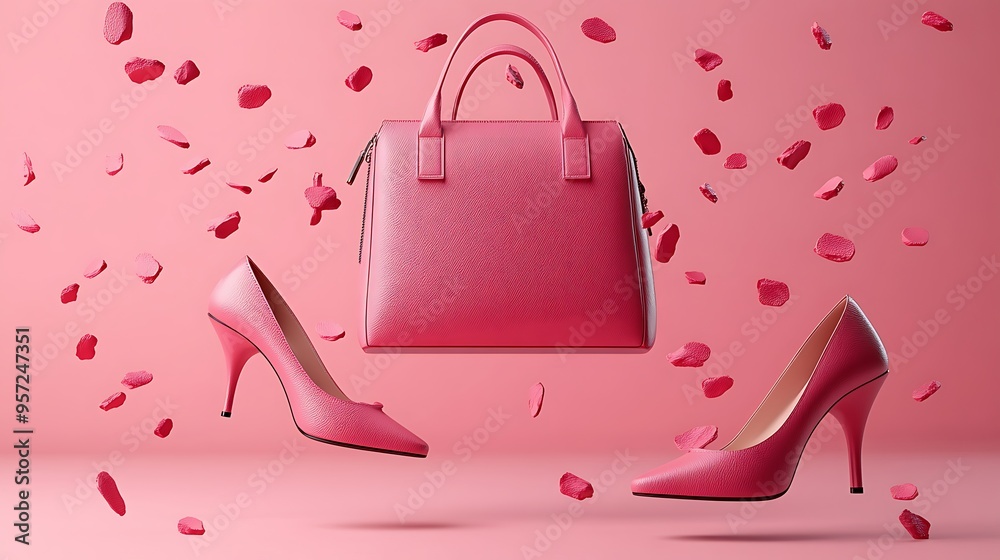 A pink handbag and two high heels float against a pink background with pink petals falling around them. A pink handbag and two high heels float against a pink background with pink petals falling around them.