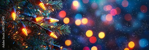 A beautifully decorated pine tree with glowing orange Christmas lights, set against a backdrop of colorful bokeh, creating a festive and warm holiday ambiance.