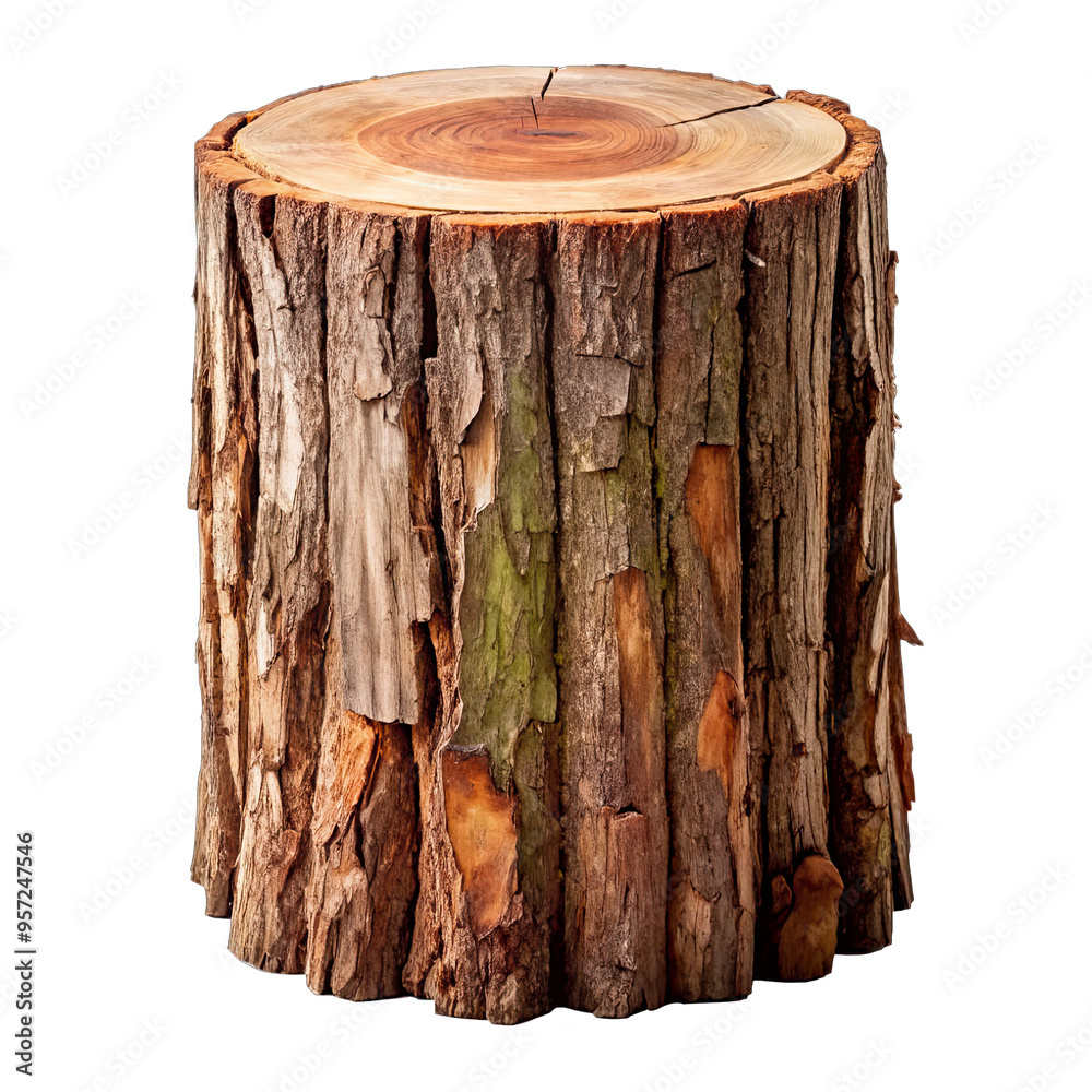 A weathered tree stump with rough bark and a smooth, circular top sits on a white background A weathered tree stump with rough bark and a smooth, circular top sits on a white background