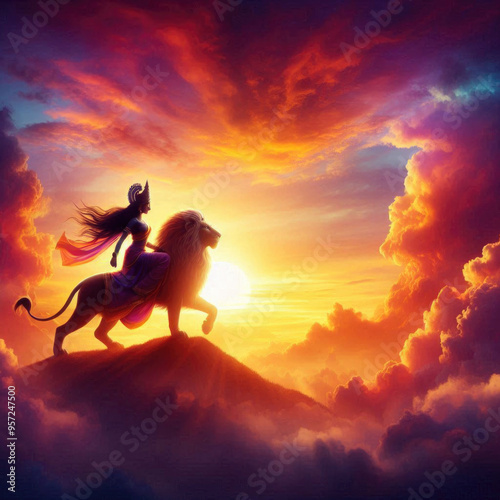 Maa Durga sitting on the lion sunset  photo