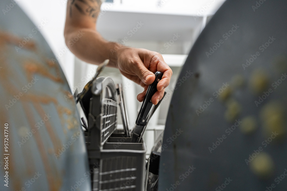 Man putting sharp knife into dishwasher basket in kitchen Man putting sharp knife into dishwasher basket in kitchen