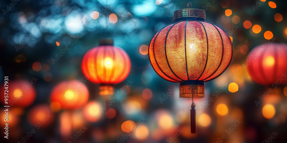 Background with traditional Asian red hanging lanterns. convey the essence of a festive Asian night. Background with traditional Asian red hanging lanterns. convey the essence of a festive Asian night.