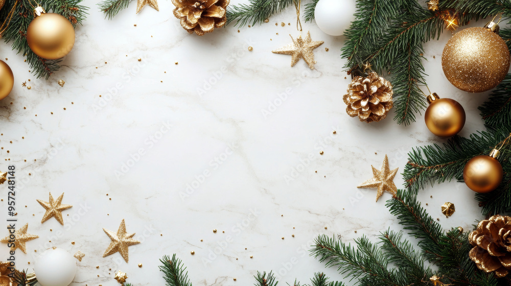 Gold and white Christmas ornaments nestled among green pine branches on a marble background, combining elegance with holiday cheer. Gold and white Christmas ornaments nestled among green pine branches on a marble background, combining elegance with holiday cheer.