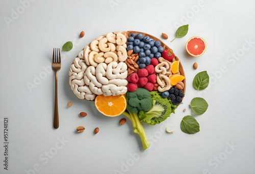 Creative arrangement of fruits, nuts, and vegetables shaped like a brain, symbolizing nutritious foods for brain health and function.

