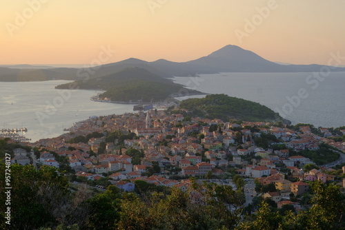Mali Losinj red roof village viewpoint at sunset on the island of Cres, Croatia