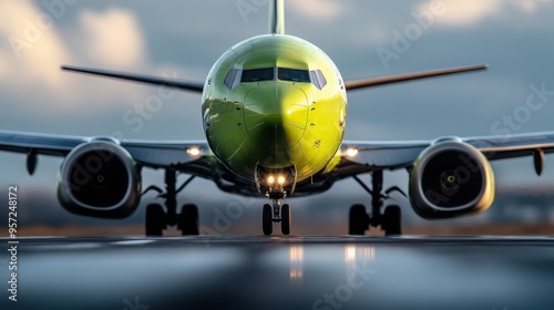 A vibrant green airplane positioned on the runway, ready for takeoff with engines roaring and landing gear visible against a backdrop of a cloudy sky at an international airport. photo