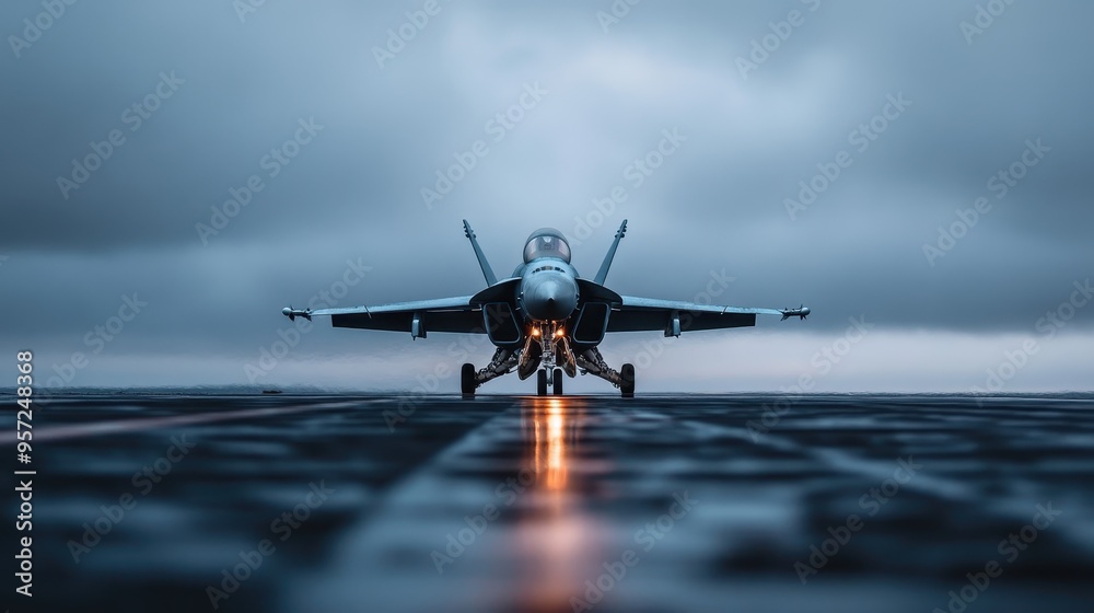 A view of an aircraft ready for takeoff on a wet runway under an overcast sky, creating a dramatic and atmospheric scene highlighting aviation technology and readiness. A view of an aircraft ready for takeoff on a wet runway under an overcast sky, creating a dramatic and atmospheric scene highlighting aviation technology and readiness.