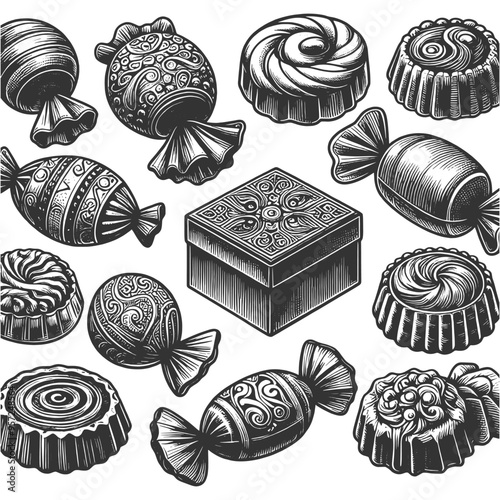 Set of assorted chocolate candies and chocolates, classic confectionery design sketch engraving generative ai vector illustration. Scratch board imitation. Black and white image.