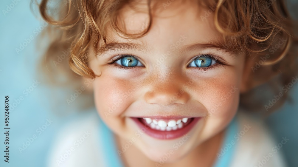 A baby with magnificent blue eyes and curly hair beams a bright and happy smile, capturing pure innocence and joy in a close-up shot with a light blue background. A baby with magnificent blue eyes and curly hair beams a bright and happy smile, capturing pure innocence and joy in a close-up shot with a light blue background.