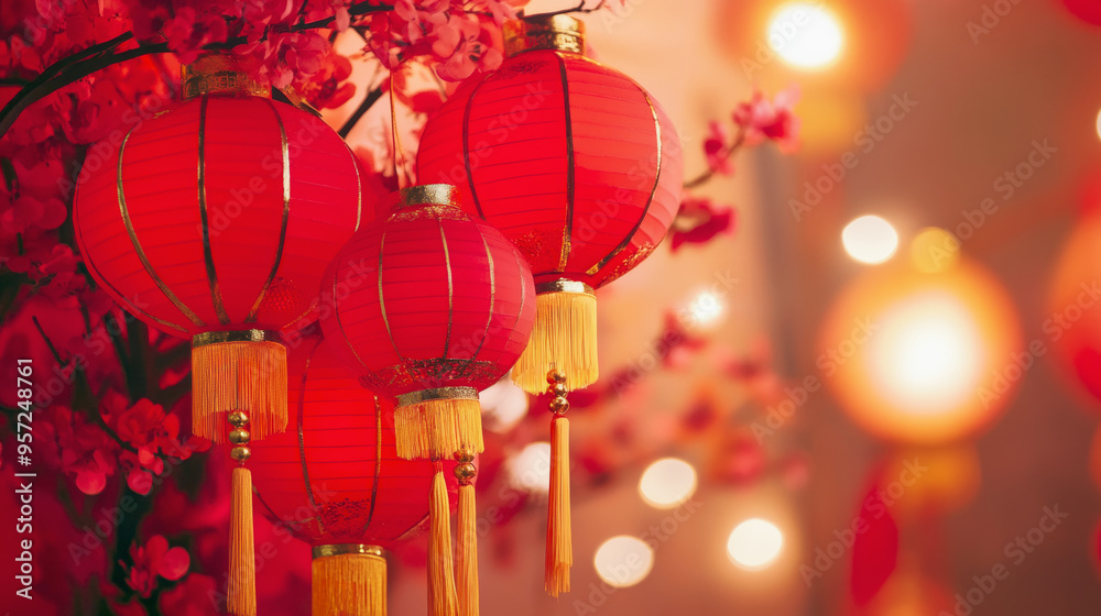 Background with traditional Asian red hanging lanterns. convey the essence of a festive Asian night. Background with traditional Asian red hanging lanterns. convey the essence of a festive Asian night.