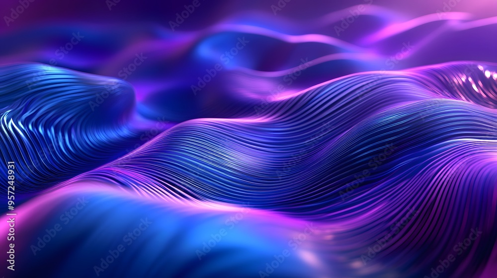 Abstract purple and blue background with wavy lines, gradient effect, futuristic style, high resolution, detailed texture, soft lighting, shadows, reflections