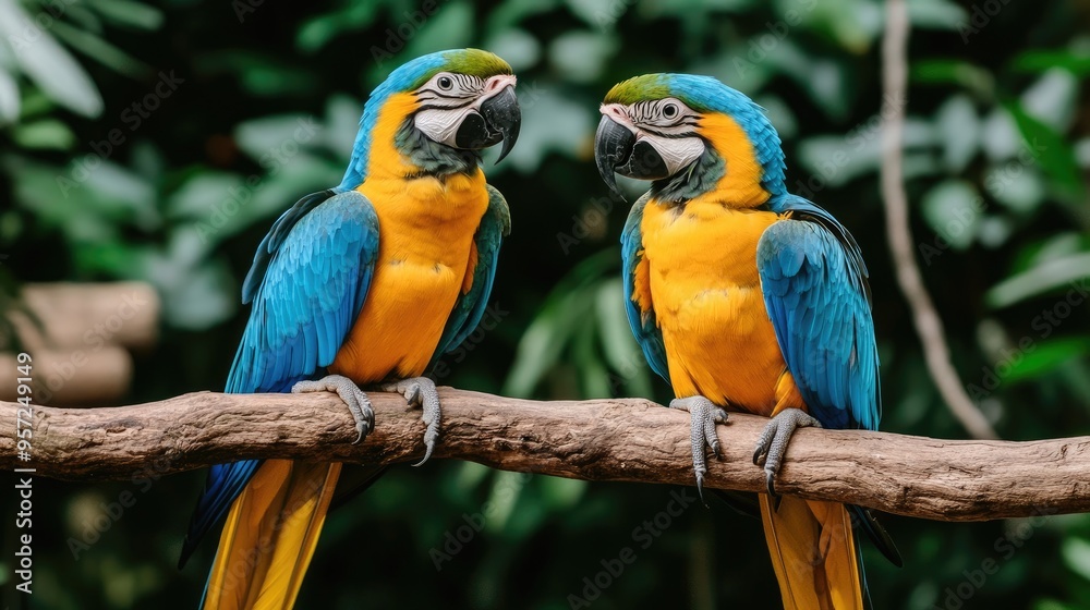 Two stunning tropical birds perched on a branch amidst lush greenery, showcasing vibrant colors and a tranquil forest atmosphere Two stunning tropical birds perched on a branch amidst lush greenery, showcasing vibrant colors and a tranquil forest atmosphere