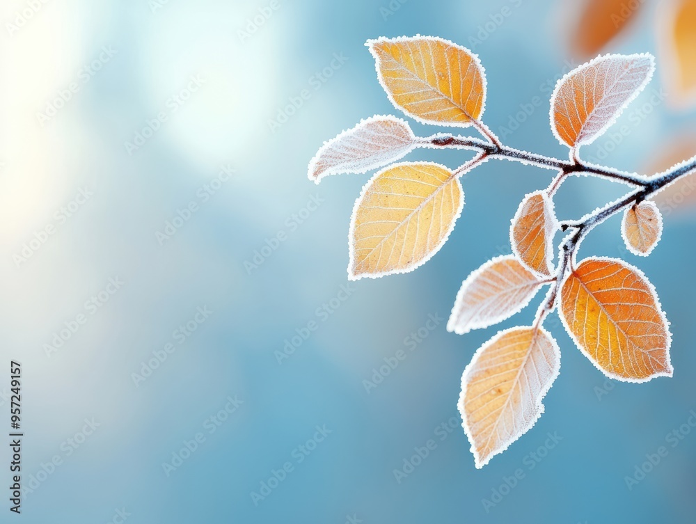 Frosty Autumn Leaves on a Branch Against a Soft Blue Background Capturing the Essence of the Fall Season Frosty Autumn Leaves on a Branch Against a Soft Blue Background Capturing the Essence of the Fall Season