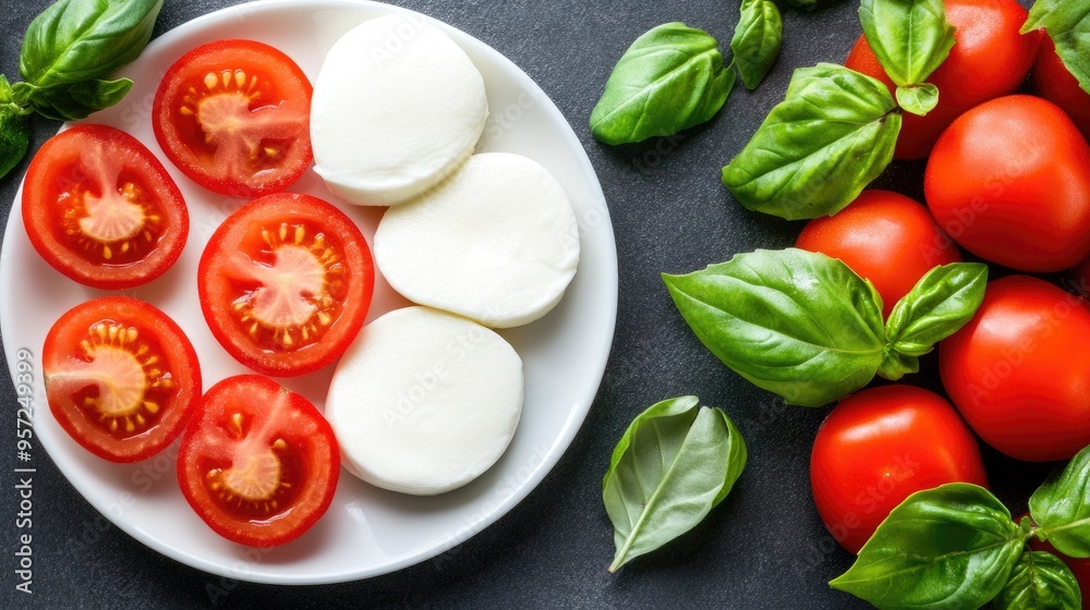 This Caprese salad showcases slices of creamy mozzarella, fresh tomatoes, and fragrant basil arranged beautifully on a sleek black background, inviting a taste of simplicity This Caprese salad showcases slices of creamy mozzarella, fresh tomatoes, and fragrant basil arranged beautifully on a sleek black background, inviting a taste of simplicity