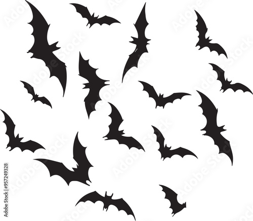 flying flock of bats silhouette vector art illustration