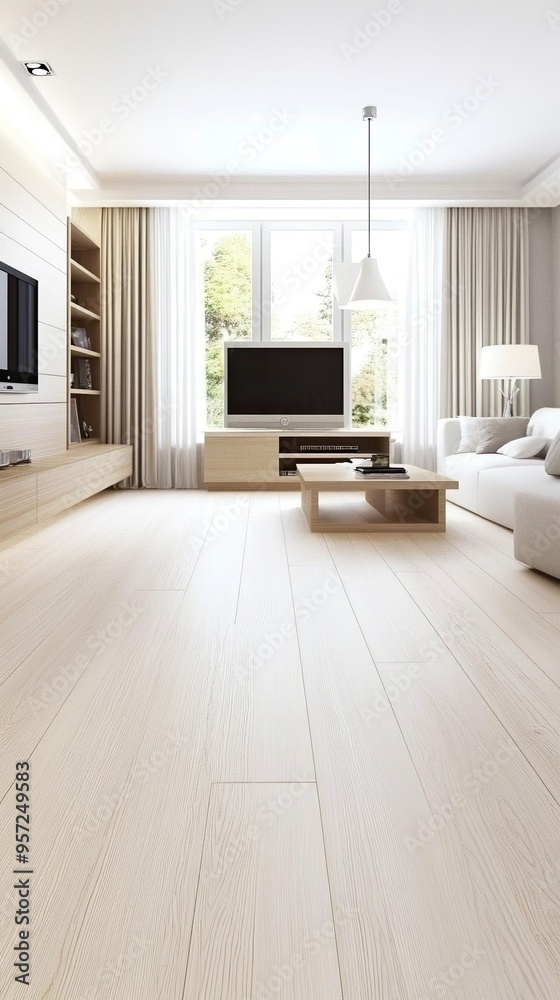 Fototapeta premium A spacious living room features a white linen sofa and wooden coffee table, complemented by woven baskets and warm accents, creating a relaxed atmosphere