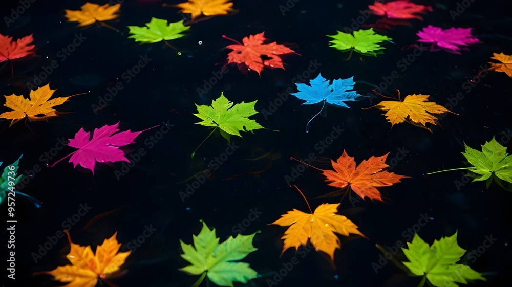 Vibrant colorful autumn leaves floating in dark water at night, nature background Vibrant colorful autumn leaves floating in dark water at night, nature background