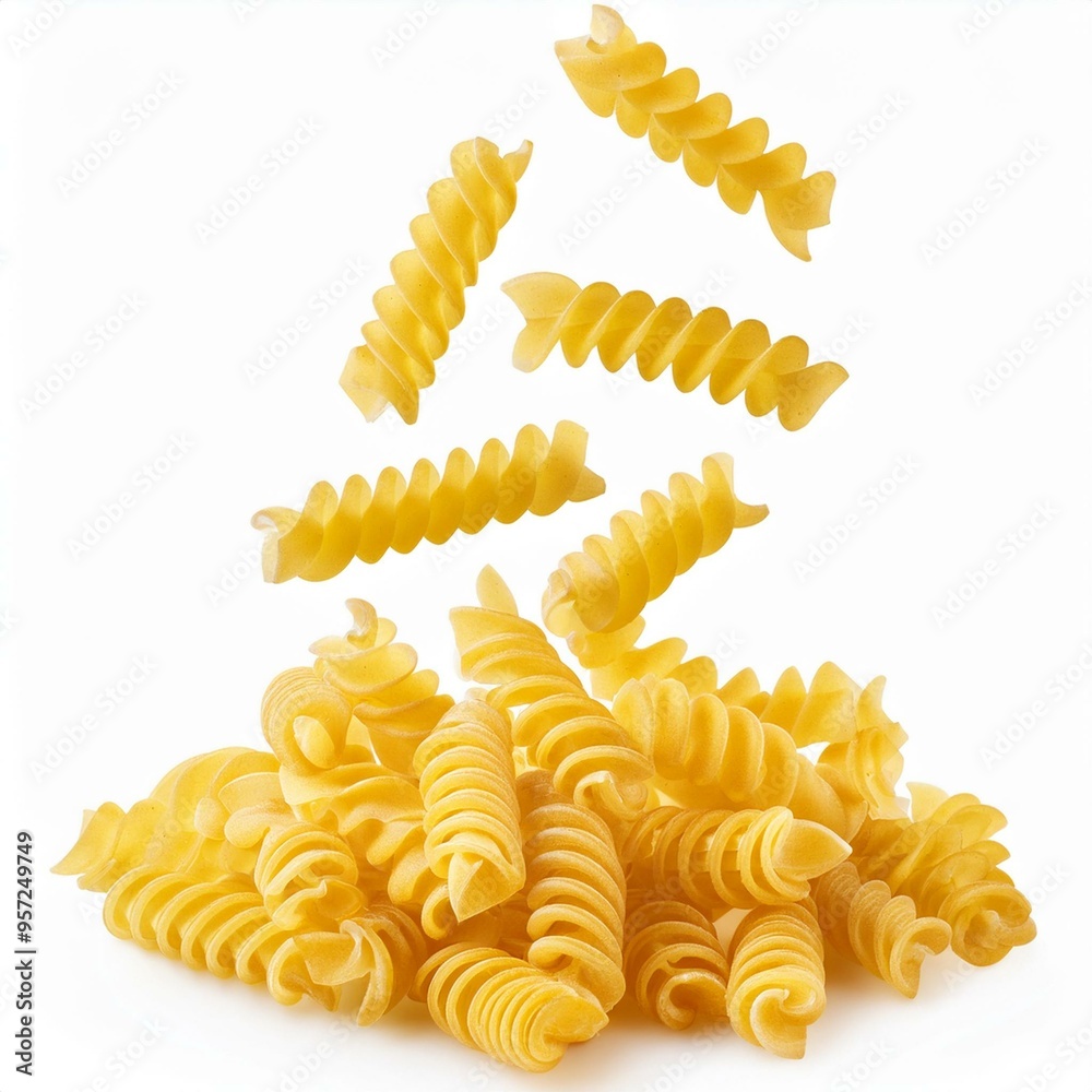 Falling raw Fusilli, Rotini, uncooked Italian Pasta, isolated on white background, full dept Falling raw Fusilli, Rotini, uncooked Italian Pasta, isolated on white background, full dept