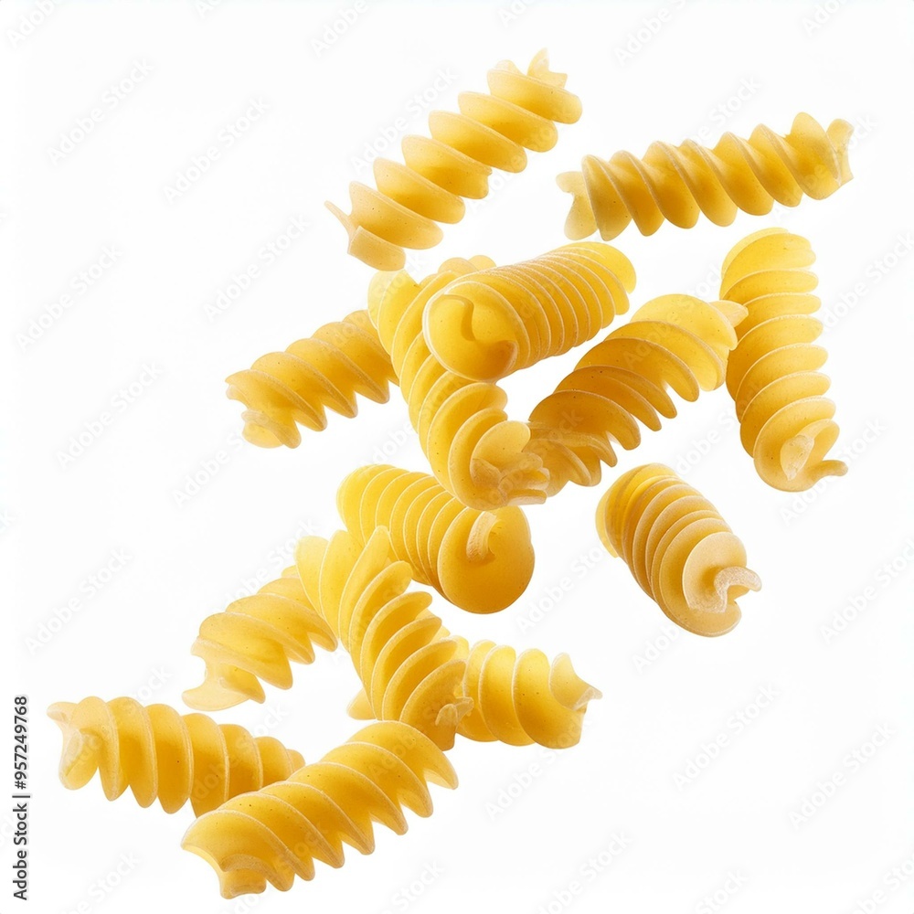 Falling raw Fusilli, Rotini, uncooked Italian Pasta, isolated on white background, full dept Falling raw Fusilli, Rotini, uncooked Italian Pasta, isolated on white background, full dept