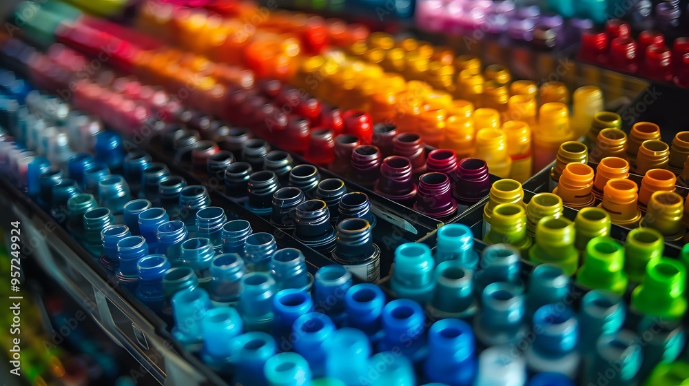 Obraz premium A vibrant display of colorful paint bottles arranged in neat rows on store shelves, offering a rainbow of choices for artists and creators. Perfect for themes related to art, creativity, and crafting