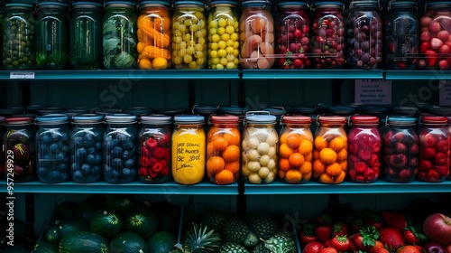 A vibrant display of fresh fruits and colorful jars of preserved produce neatly arranged on shelves. Perfect for themes related to healthy eating, fresh produce, organic food, and nutrition.